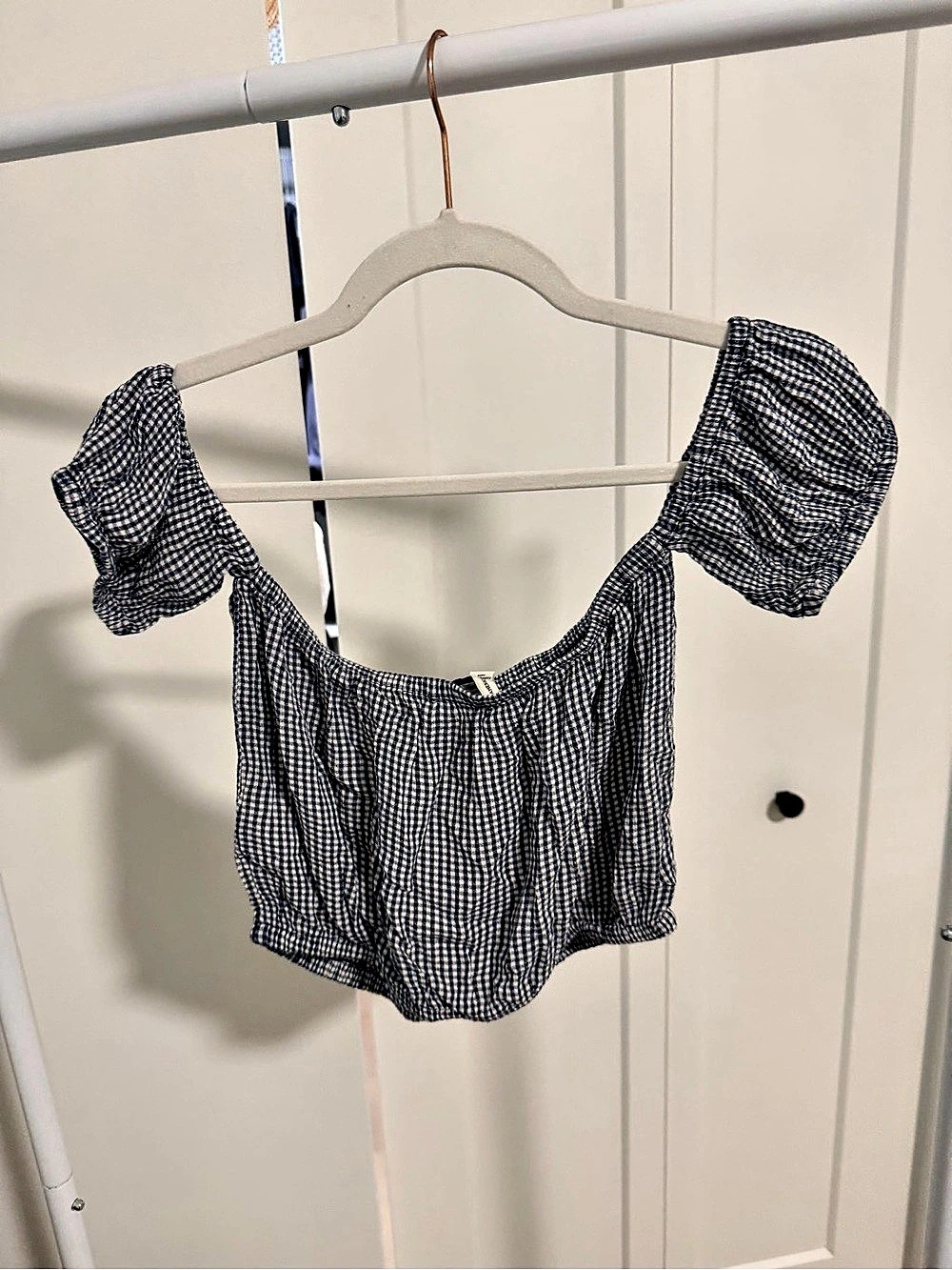 American Eagle Gingham Puff Sleeve Crop Top in Blue & White Size Small